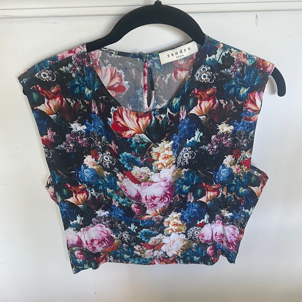 Sandro Black Graphic Crop Blouse Cap Sleeve